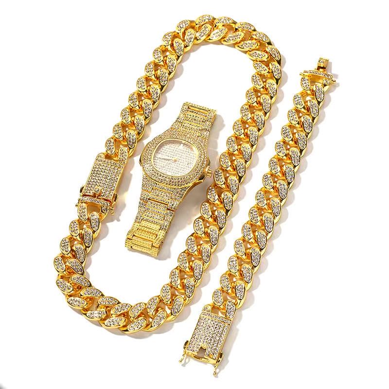 Iced Out Watch for Men Hip Hop Rapper Miami Cuban Chain Gold Necklace Paved Rhinestones Bling Watch Set Men Jewelry Choker - Bekro's ART