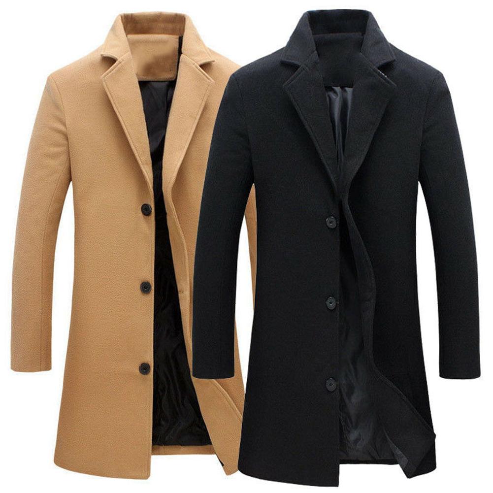 Autumn Winter Fashion Men's woolen Coats Solid Color Single Breasted Lapel Long Coat Jacket Casual Overcoat  5 Colors - Bekro's ART