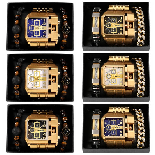 4pcs/Set Oulm Multi-Time Zone Watches Gifts Sets Mens Watch Top Luxury Gold  Crystal Bracelet Male Watch Gift Set - Bekro's ART