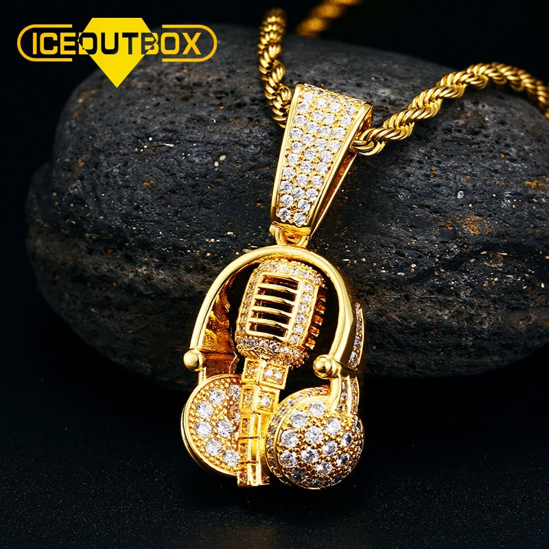 ICEOUTBOX Microphone Headset Pendant Necklace Iced Out AAA+ Cubic Zircon Pendant Men Hip Hop Jewelry  Fit With 4MM Tennis Chain - Bekro's ART