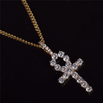 Iced Zircon Ankh Cross Pendant Necklace - Bekro's ART