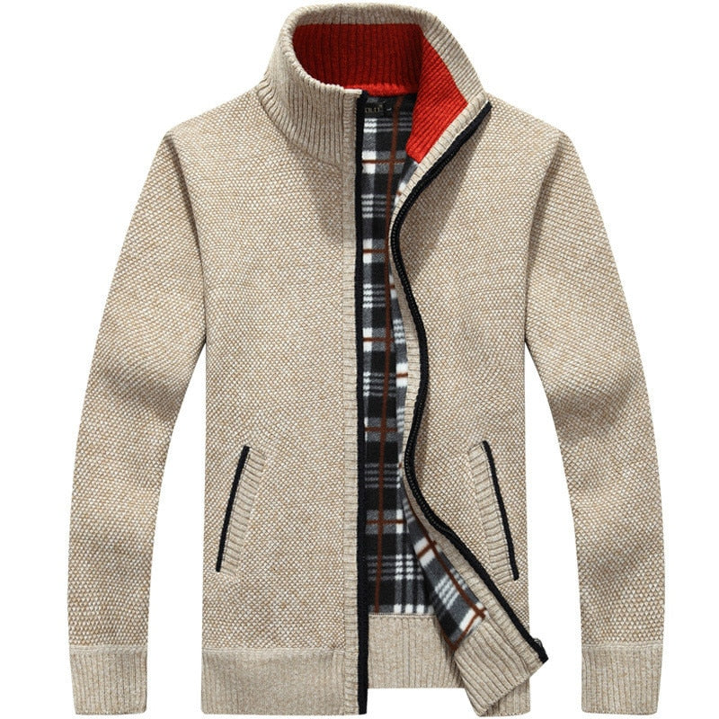 Winter Thick Men's Knitted Sweater Coat Off White Long Sleeve Cardigan Fleece Full Zip Male Causal Clothing for Autumn - Bekro's ART