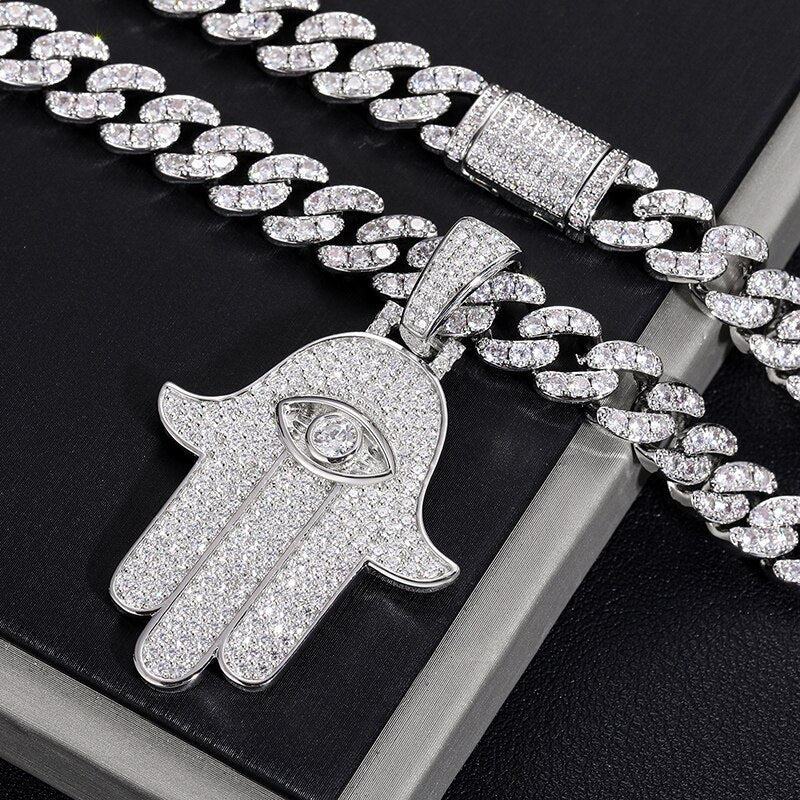 D VVS Moissanite Hamsa Hand Evil Eye Pendant Necklace For Men Iced Out Cuban Chain 925 Sterling Silver Hip Hop Jewelry - Bekro's ART
