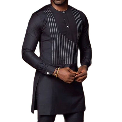 Slim Fit Stripe Men's Shirt Gilding Black Tops Male Nigerian Fashion African Wedding Outfits - Bekro's ART