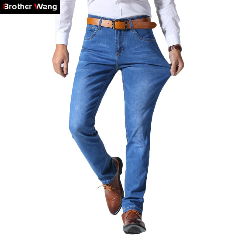 Brother Wang Classic Style Men Brand Jeans Business Casual Stretch Slim Denim Pants Light Blue Black Trousers Male - Bekro's ART