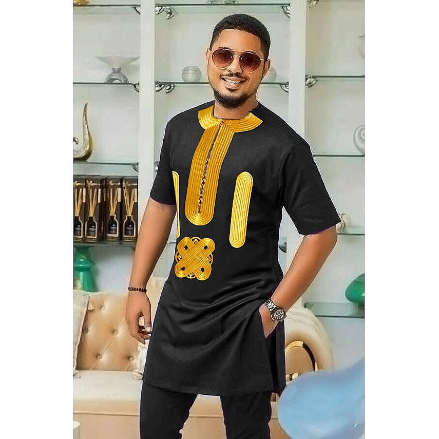 African Clothes For Men Dashiki No Cap Black Shirt Pants Set Embroidery Tops Trouser Suit Traditional Clothing Party - Bekro's ART