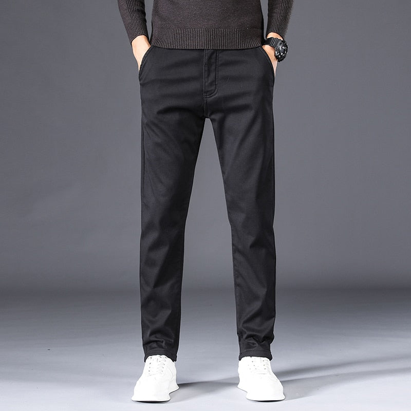 Winter New Men's Warm Thick Casual Pants Business Fashion Black Blue Stretch Fleece Office Slim Trousers Male Brand - Bekro's ART