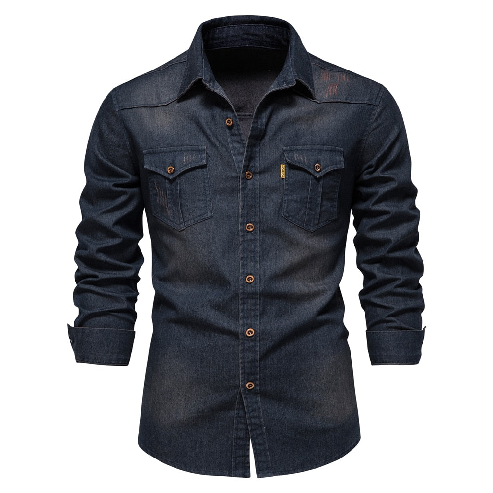 AIOPESON Brand Elastic Cotton Denim Shirt Men Long Sleeve Quality Cowboy Shirts for Men Casual Slim Fit Mens Designer Clothing - Bekro's ART