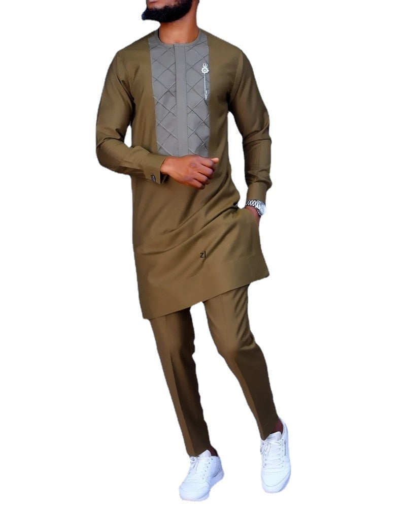 African Men's Shirt Plaid Stitching Islam Abaya Fashion Mid-length Crew Neck Tops Muslim Clothing Summer Dashiki T-shirt - Bekro's ART