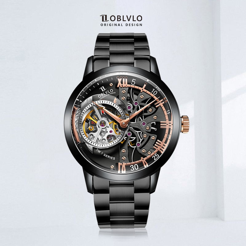OBLVLO Luxury Retro Men Skeleton Automatic Watch Mechanical  Strap Mineral Crystal Glass Waterproof Clock VM - Bekro's ART