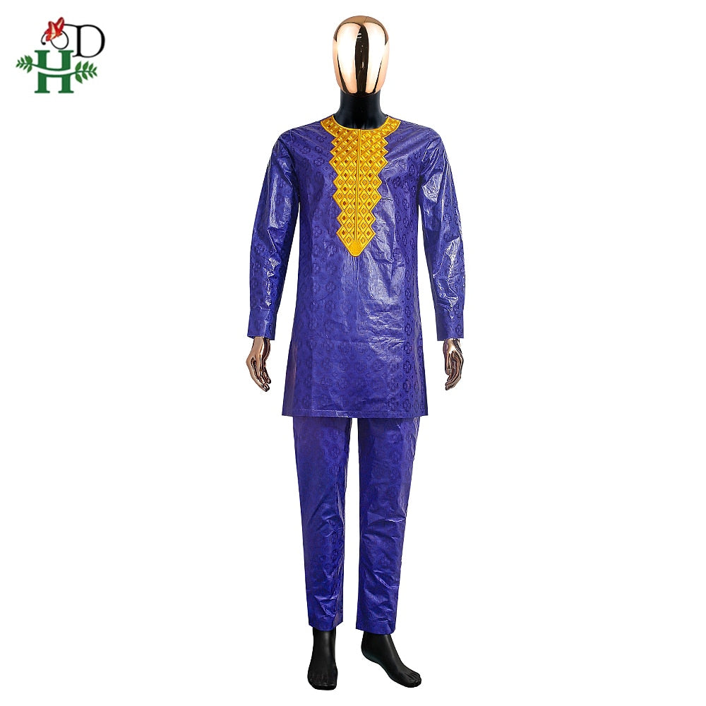 H&D African Clothes for Men Top Pant 2 Pieces Set African Men Outfit Riche Embroidery Shirt With Trouser Rich Bazin Original - Bekro's ART