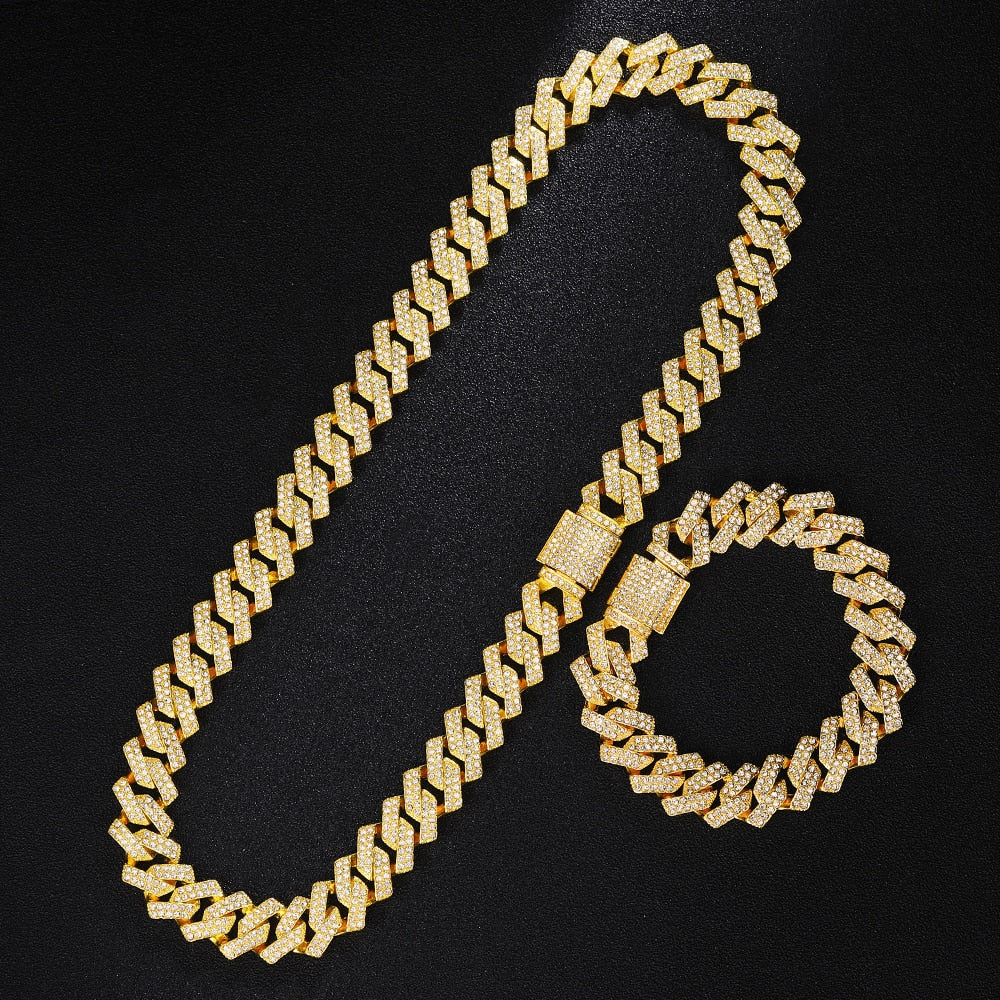 Hip Hop Men Iced Out Bling Cuban Link Necklaces With Watch Bracelet Suit Miami Curb Cuban Chain Full Rhinestones Rapper Jewelry - Bekro's ART