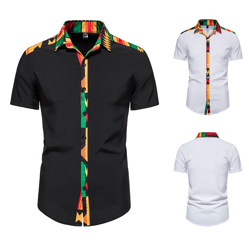 Men's African Style  Print Stitching Design Short Sleeve Button Shirt Traditional Shirt - Bekro's ART