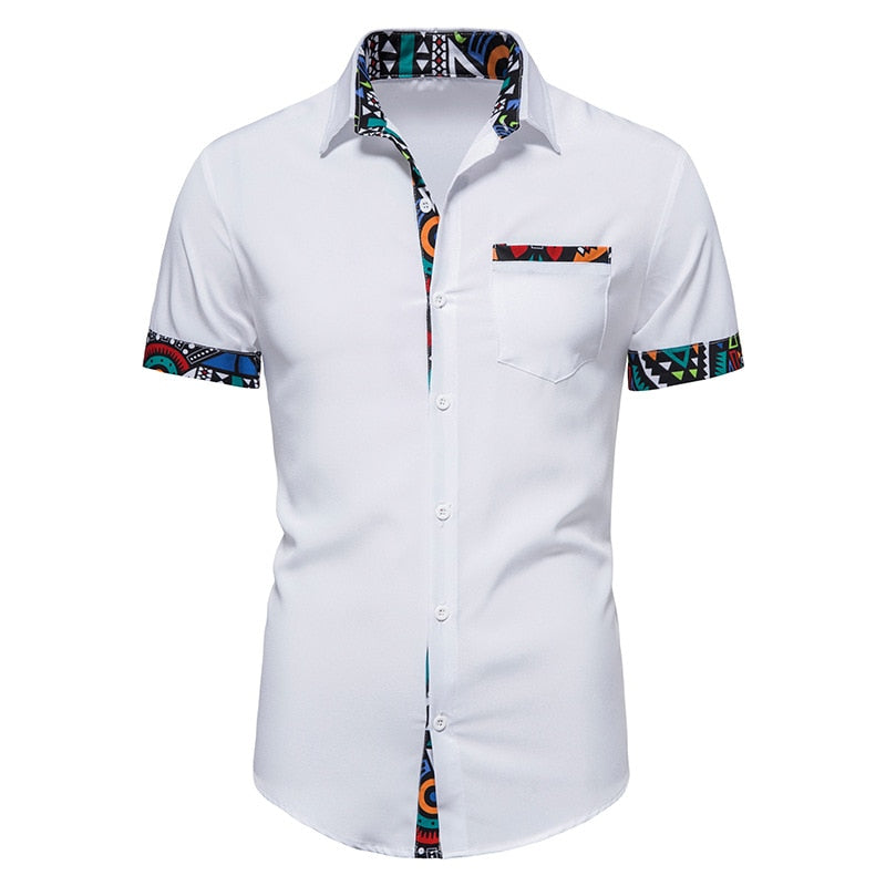 Men's African Print Stitching Design Short Sleeve Single Breasted Traditional Shirt - Bekro's ART