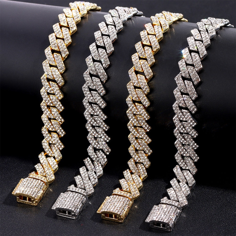 Hip Hop 14MM Prong Cuban Link Chain Necklace &amp; Bracelet Iced Out Bling Cuban Chain Rhinestone Chains For Men Punk Rapper Jewelry - Bekro's ART