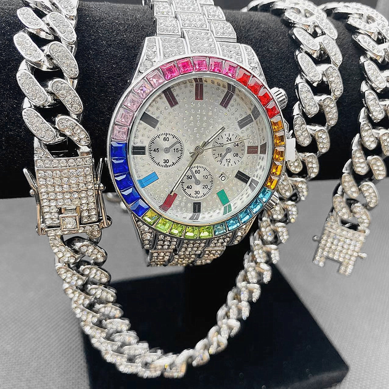 3PCS Hip hop Luxury Watches Jewelry Set Mens Iced Out Watch Necklace Bracelet Bling Diamond Cuban Link Chain Choker Gifts - Bekro's ART