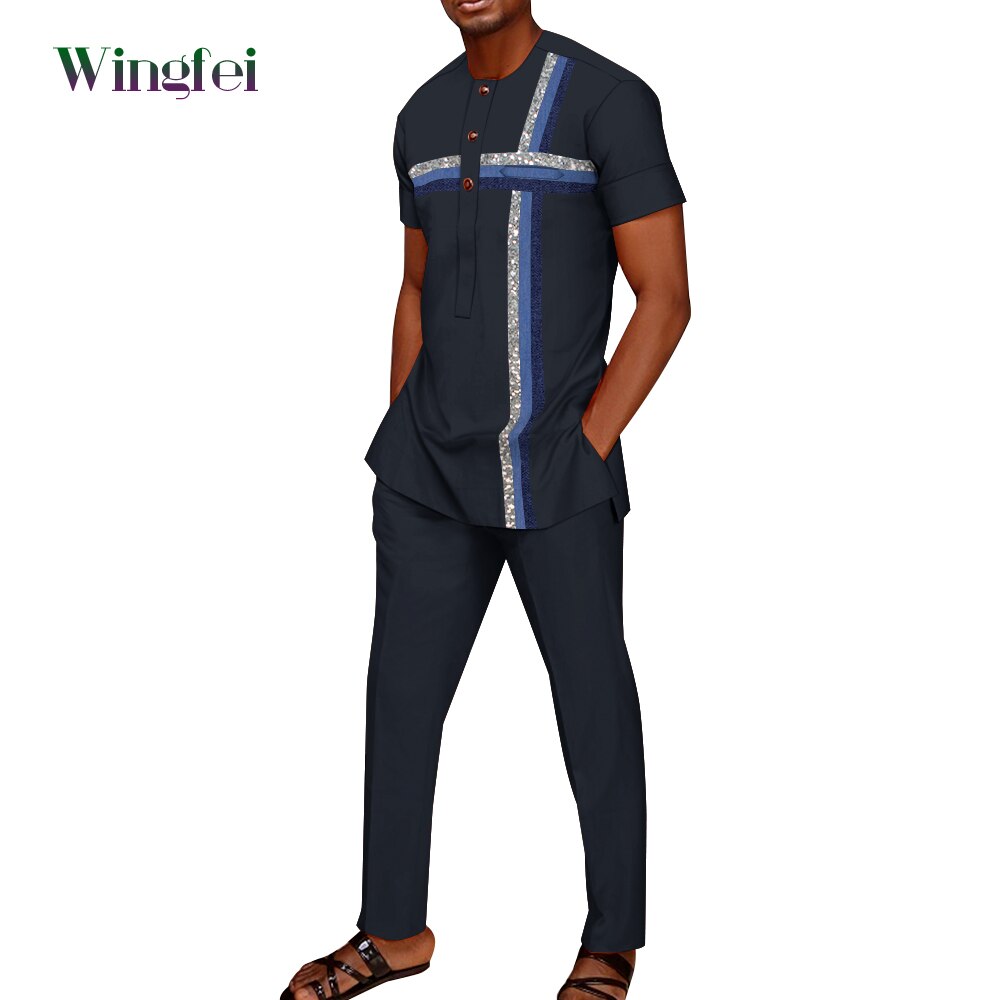 Bazin Riche African Style Men Suits Dashiki Men's Attire Agbada Robe Outfits Slim 2 Piece Sets T-shirt and Pants Summer WYN1642 - Bekro's ART