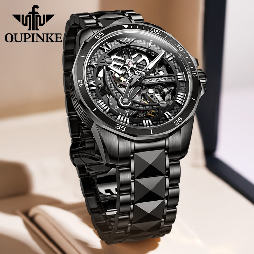 OUPINKE Top Brand Skeleton Watch for Men Automatic Mechanical Male Watches Luxury Sapphire Crystal Waterproof Clock Montre Homme - Bekro's ART