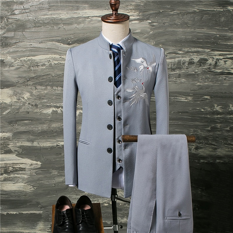 Men Suit Coat Vest Pants Fashion Chinese Retro Style Wedding Groom Suit Stand Collar Classic Men Dress Blazers Jacket Trousers - Bekro's ART