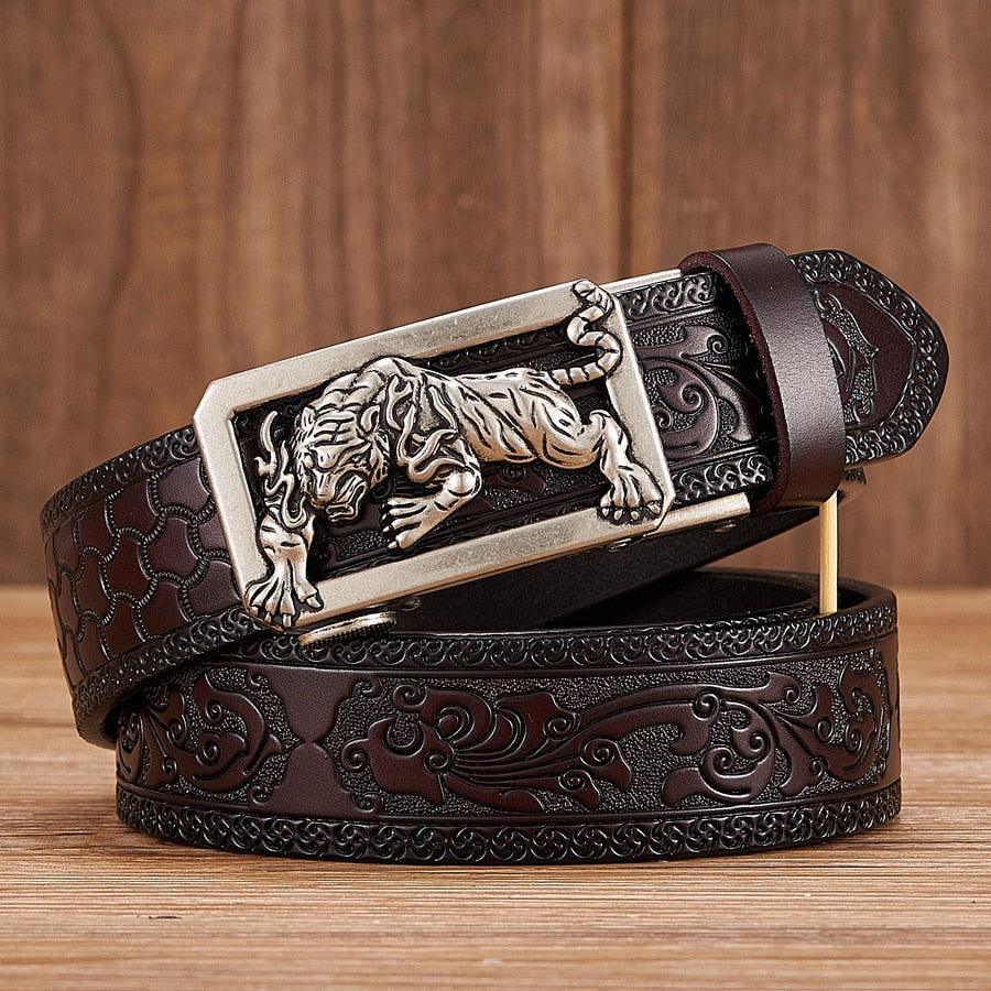 Fashion Tigger Buckle with Tang Grass Pattern Leather Belt for Men Work of Art Belt Automatic Buckle Business Belt - Bekro's ART