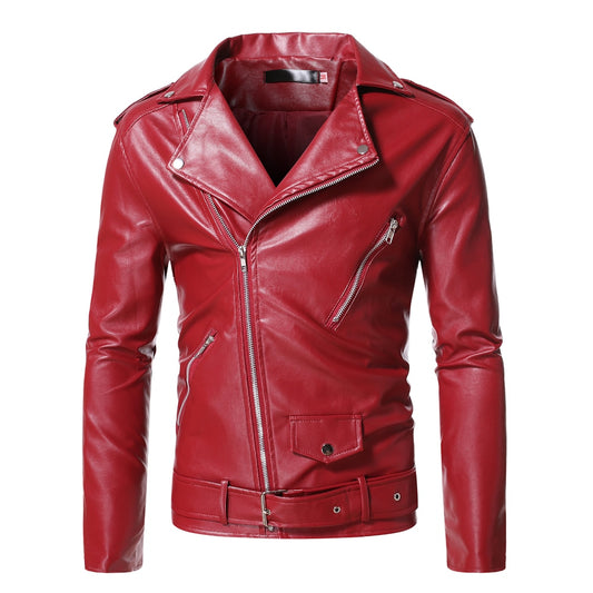 Men Red Leather Jackets Slim Fit Pu Motorcycle Jackets New Fashion Male Diagonal Zipper Leather Coats Spring Casual Jackets - Bekro's ART