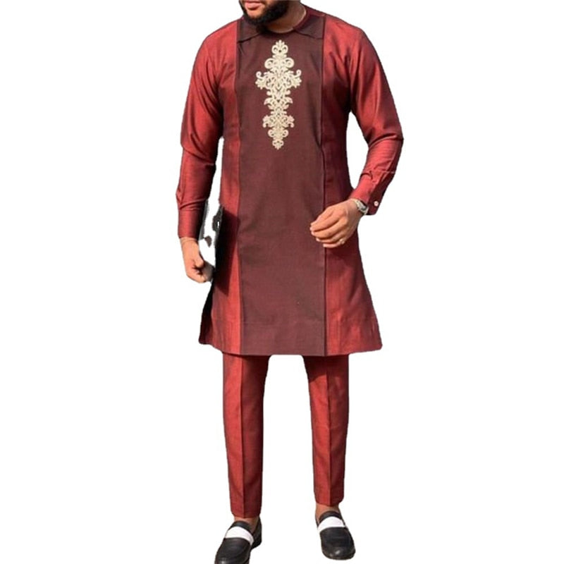 Full Sleeve Men Set African Traditional Dashki Kanga Clothing Shirt Trousers Set Bazin Rich Ethnic Sets Red  New - Bekro's ART