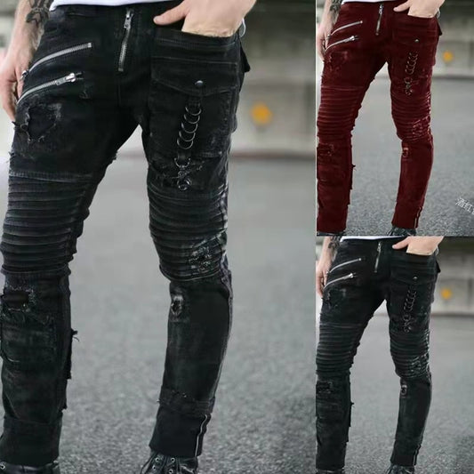Straight Jeans Men Punk Skinny Denim Pants Spring Summer Boyfriend Jeans Streetwear Zipper Slim Fit Black Goth Trousers - Bekro's ART