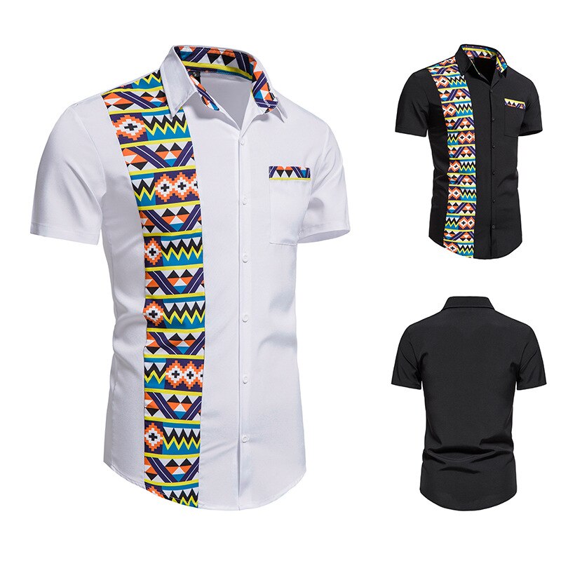 Men's African Style Print Stitching Design Short Sleeve Button-down Shirt Traditional Shirt - Bekro's ART