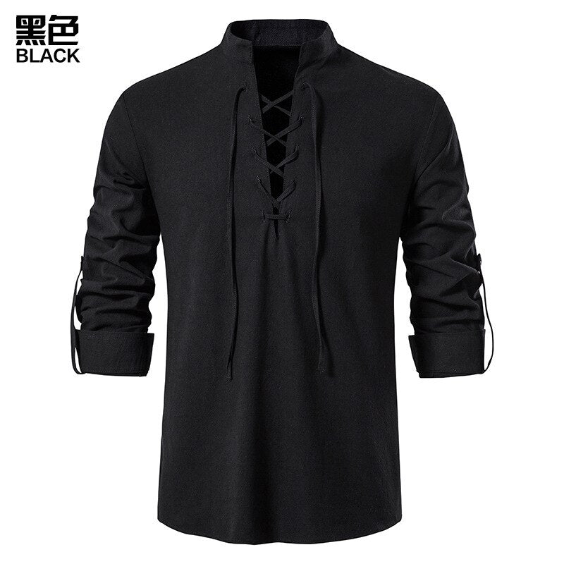 summer autumn new Japanese and Korean version cotton half open collar Men's long-sleeved shirt loose straight collar Men's top - Bekro's ART