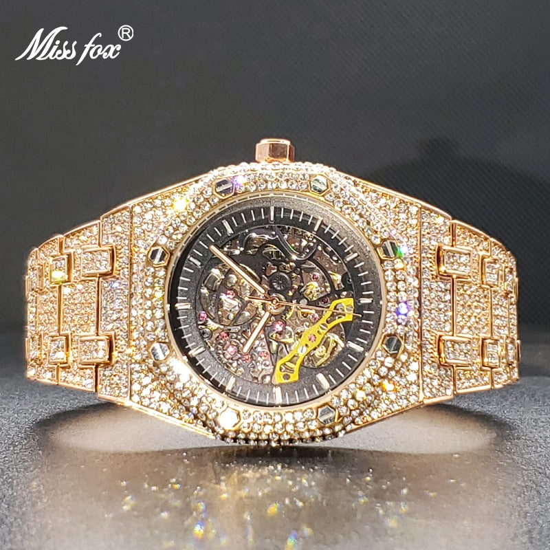 Mechanical Watches For Men Full Diamond Hip Hop Luxury Big Wrist Men's Automatic Watch Waterproof Tourbillon Movement Hand Clock - Bekro's ART