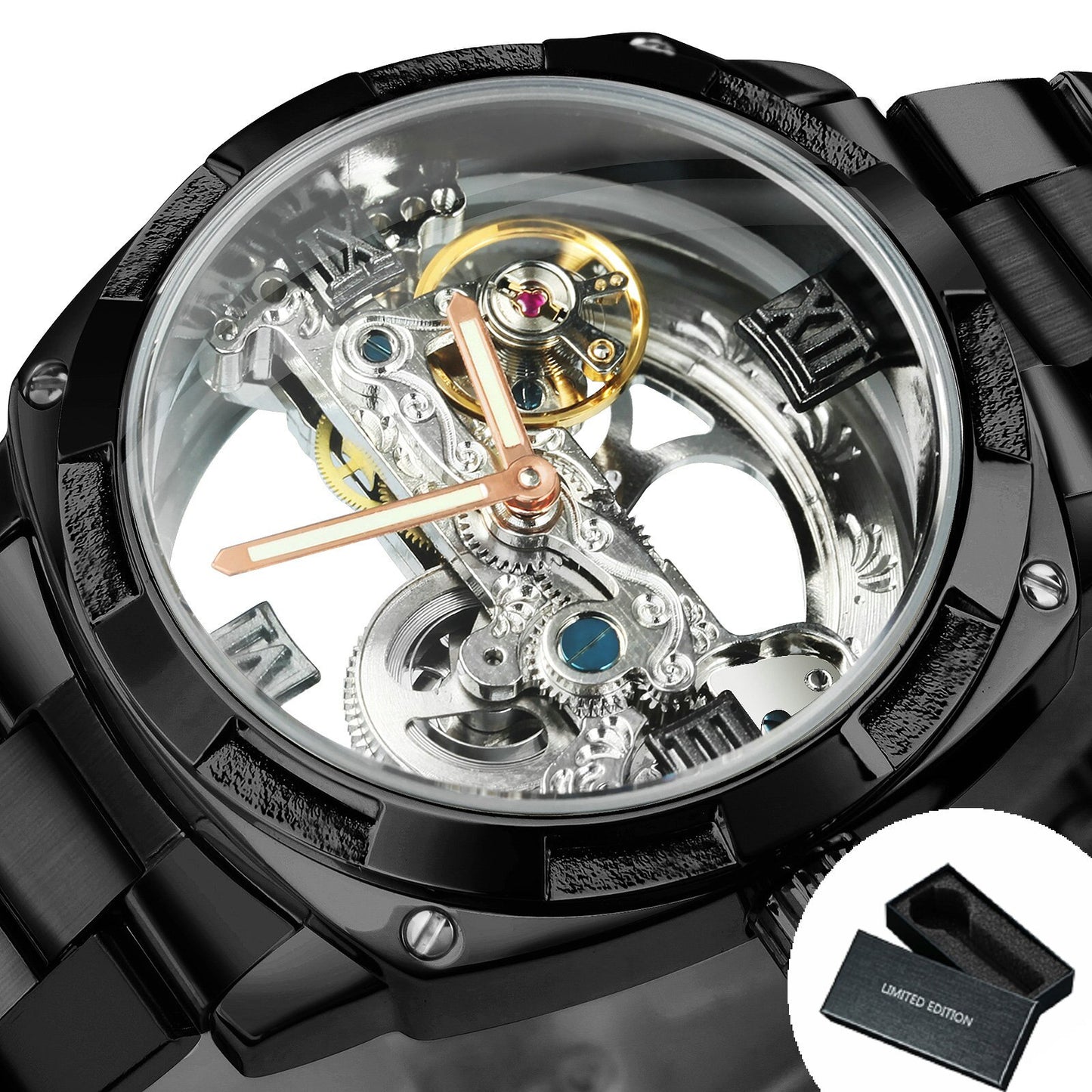 WINNER Luxury Skeleton Automatic Mechanical Watch for Men Luminous Golden Bridge Square Waterproof Watches  Strap - Bekro's ART