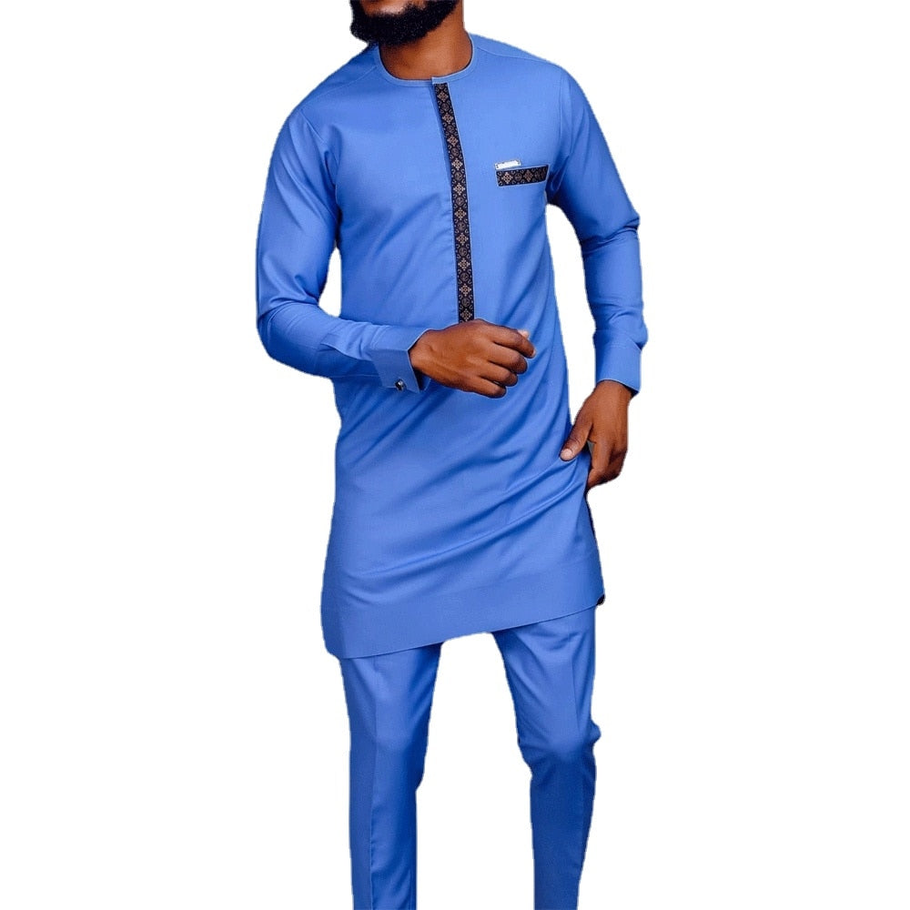 Men's Clothing  Dashiki Men's Suits Blue Casual Long Sleeve Ethnic Print Shirt and Pants Two Piece Element Men's Sets  New - Bekro's ART