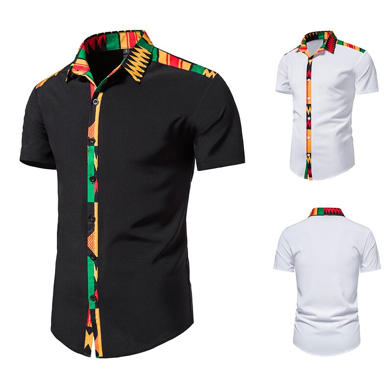 Men's African Style  Print Stitching Design Short Sleeve Button Shirt Traditional Shirt - Bekro's ART