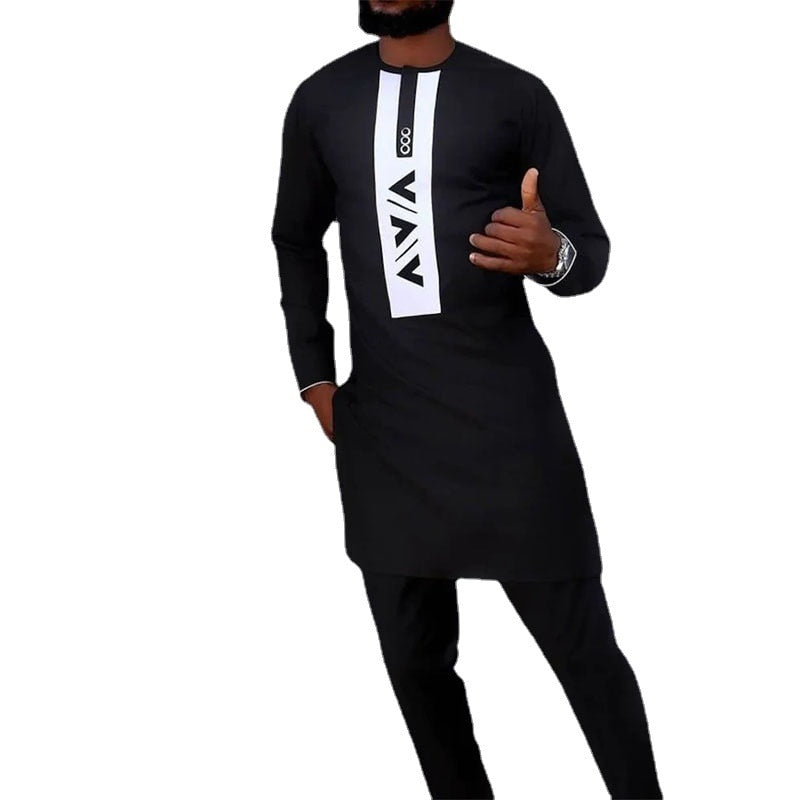 Dashiki Men Clothes Set 2 piece Outfit Black Long-sleeved Printed Fashion Casual Tops With Trouser Suit African Men Clothing - Bekro's ART