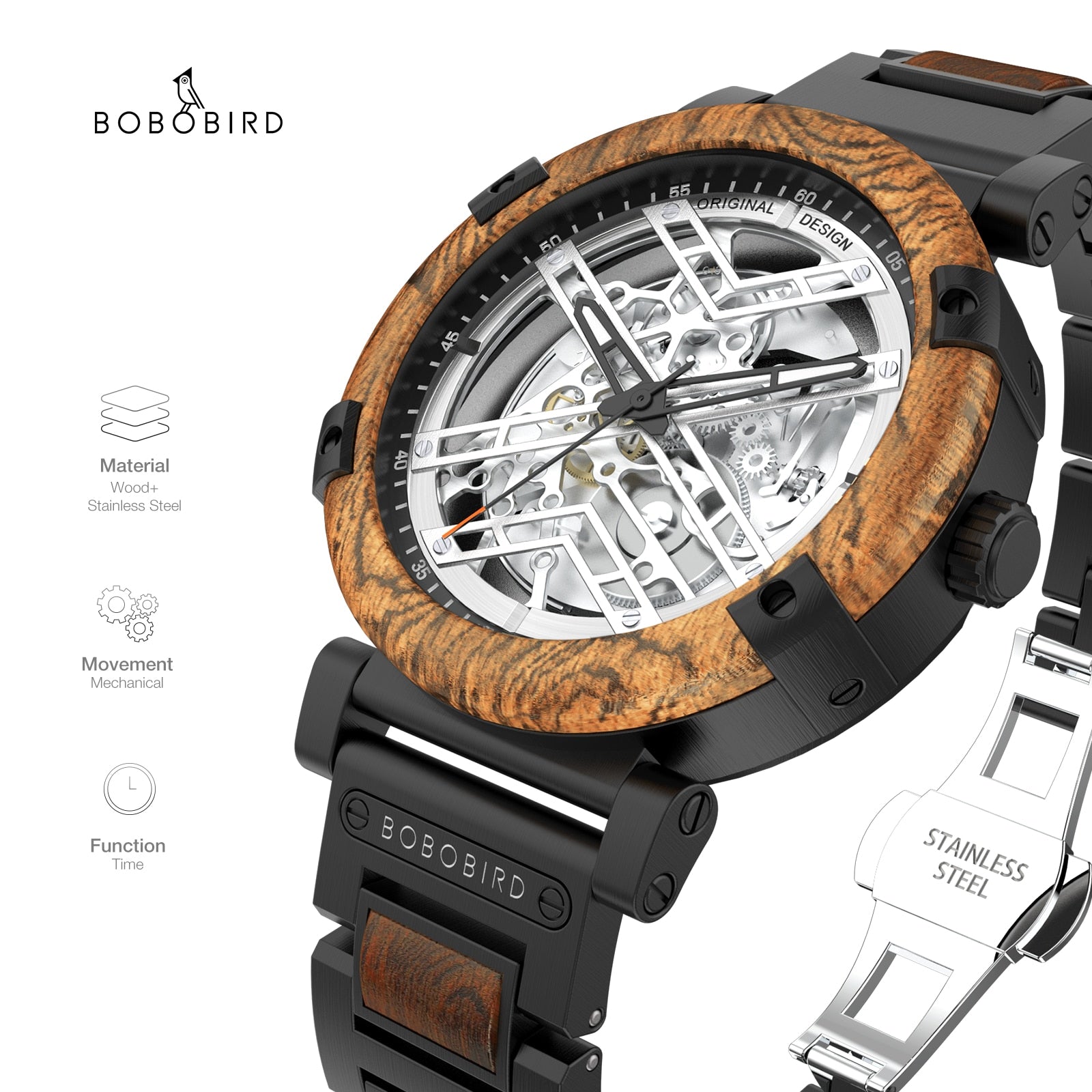 BOBO BIRD New Mechanical Wristwatch for Men 45mm Luxury Skeleton Automatic Watch Wood and  Combined X Series - Bekro's ART