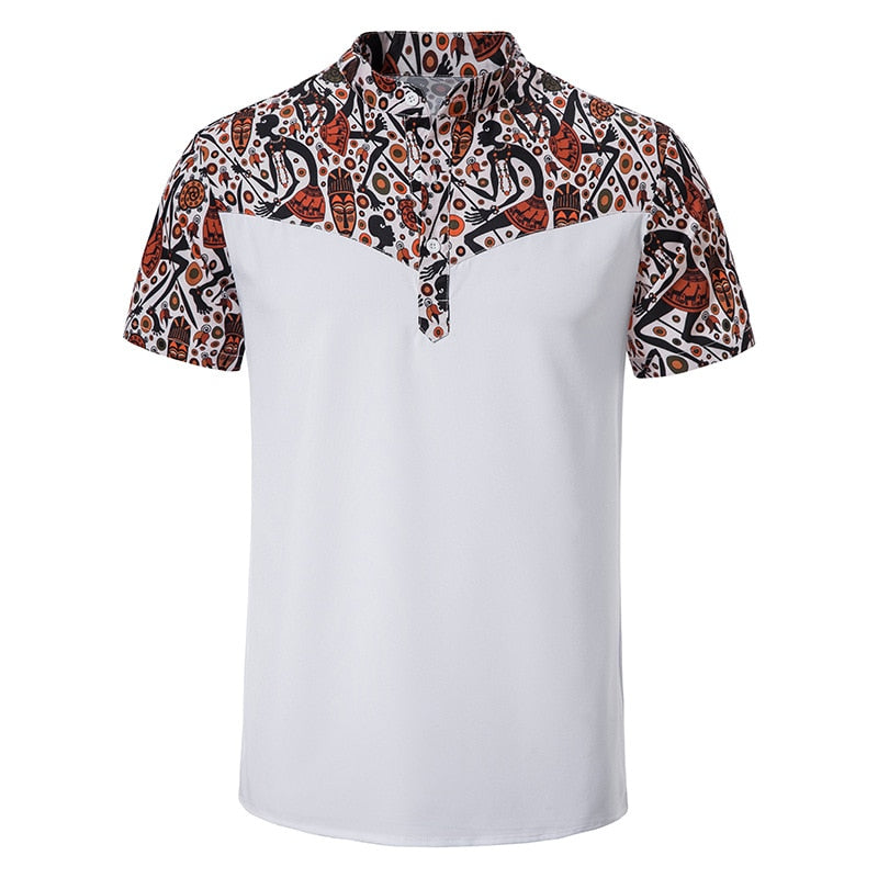 Men's African Style Print Stitching Design Short Sleeve Shirt Traditional Stand-up Collar Mens Shirts - Bekro's ART