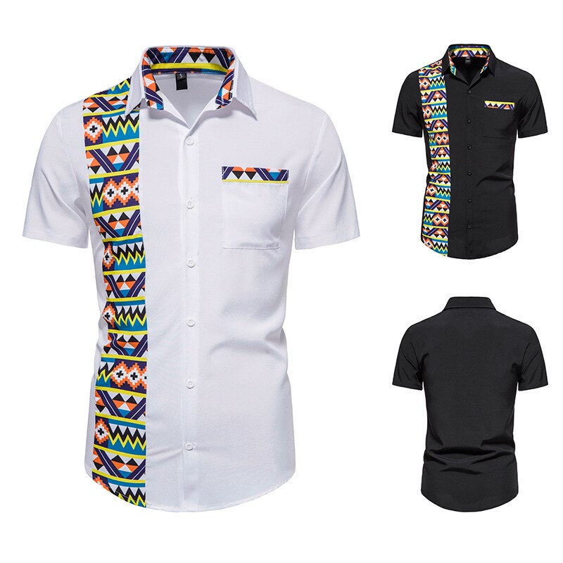 Men's African Style Print Stitching Design Short Sleeve Button-down Shirt Traditional Shirt - Bekro's ART