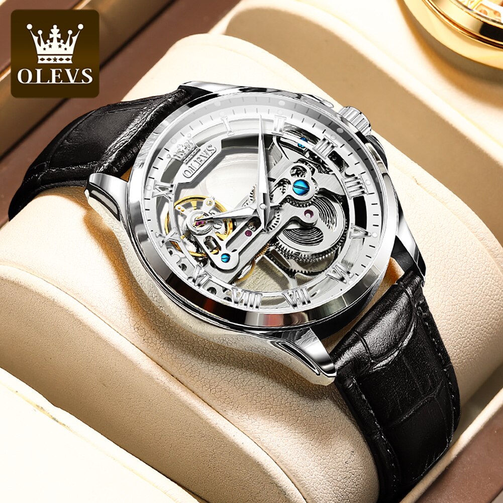 OLEVS Automatic Mechanical Watches For Men Waterproof Leather Strap Skeleton Tourbillon Watch  Luxury Brand Business Men's Watch - Bekro's ART