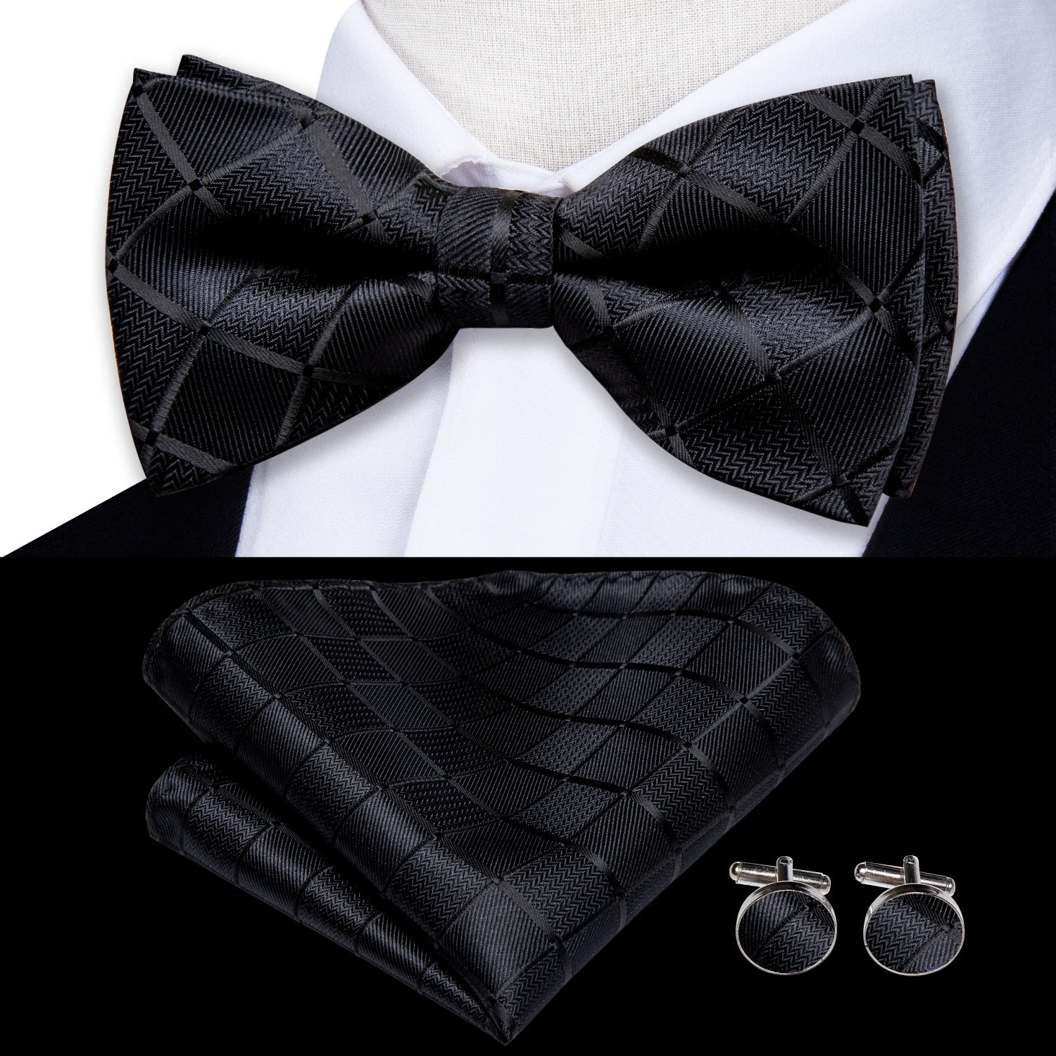 Hi-Tie Classic Black Bow Ties for Men 100% Silk Butterfly Pre-Tied Bow Tie Pocket Square Cufflinks Suit Set Floral Gold Bowties - Bekro's ART