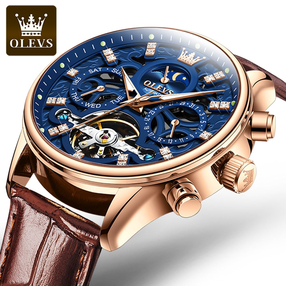 OLEVS Mechanical Watches for Men Diamond Skeleton Automatic Self-Wind Moon Phase Men's Business Wristwatch Waterproof Moonswatch - Bekro's ART