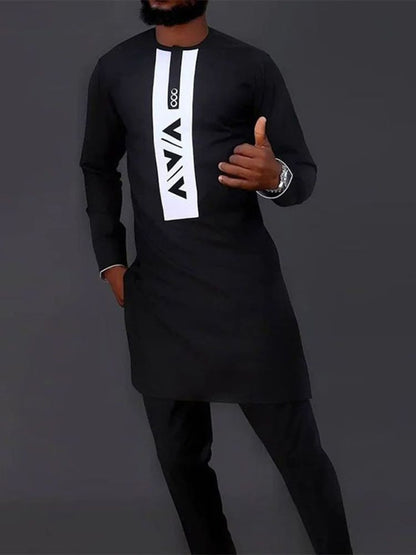 Dashiki Men Clothes Set 2 piece Outfit Black Long-sleeved Printed Fashion Casual Tops With Trouser Suit African Men Clothing - Bekro's ART