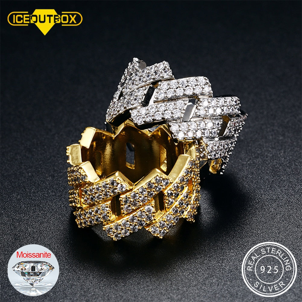 Men Trendy Moissanite Cuban Rings S925 Sterling Silver Good Quality Bling Ice Out Hip Hop Punk Ring Cuban Link Finger Jewelry - Bekro's ART