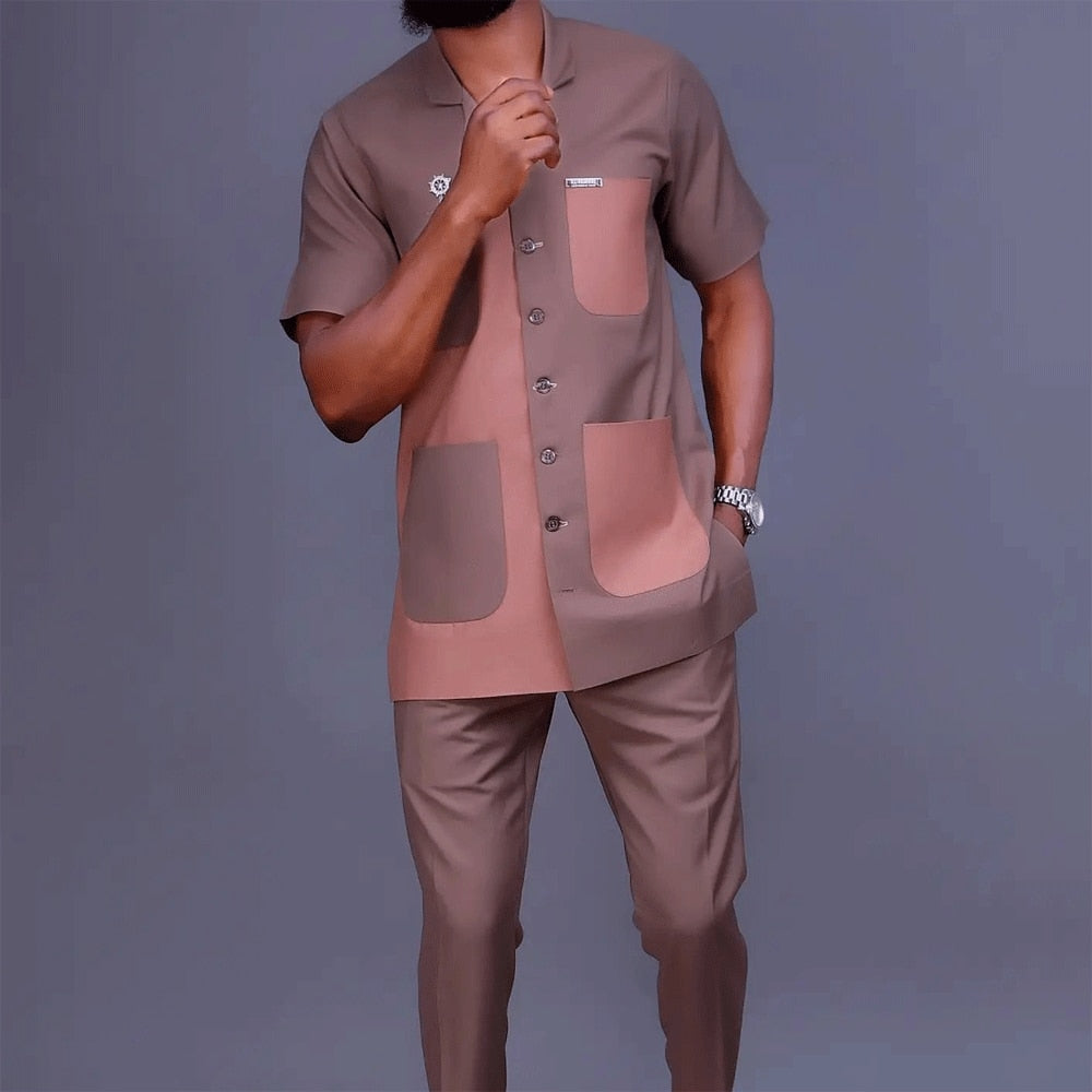 Summer Setting  Men's Sets Short Sleeve Solid Color Lapel Pocket Shirt and Casual Pants Two-piece Social  Element Men's Clothing - Bekro's ART