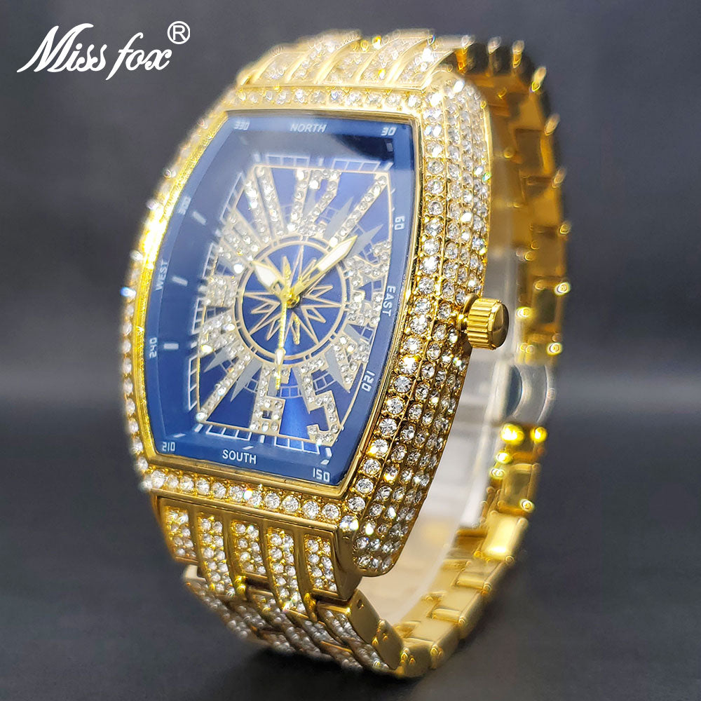 Iced Out Watch For Men Big Wrist Full Diamond Quartz Watches Men's 55mm Blue Face Hip Hop Accessories Waterproof Reloj Hombre - Bekro's ART
