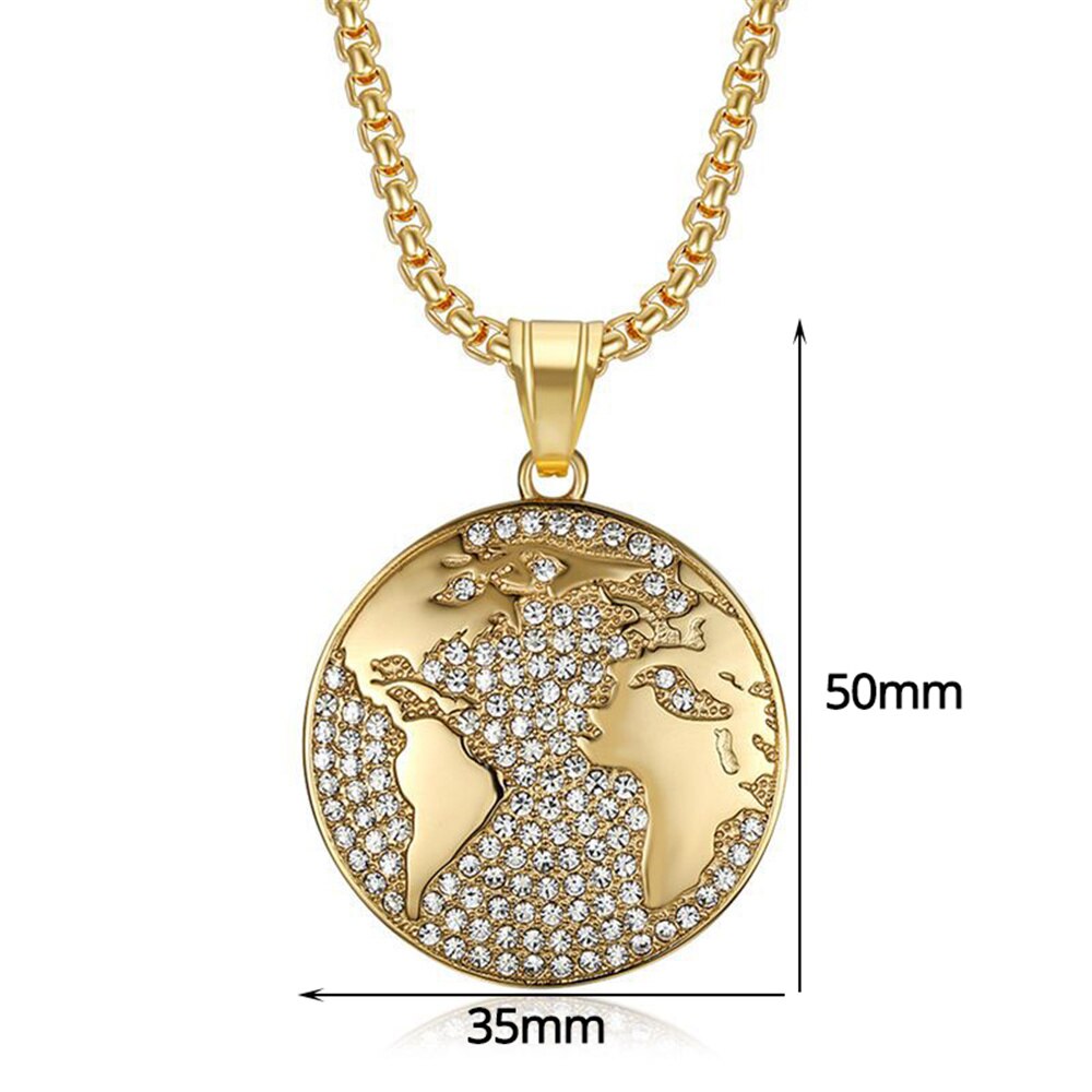 Globe World Map Pendand &amp; Chain Gold Color Iced Out Bling Round Necklace for Men Hip Hop Jewelry - Bekro's ART