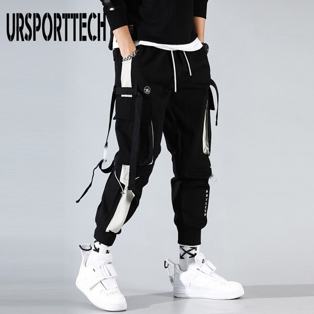 Hip Hop Joggers Men Letter Ribbons Cargo Pants Pockets Track Tactical Casual Techwear Male Trousers Sweatpants Sport Streetwear - Bekro's ART