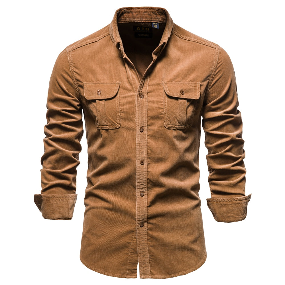 New Single Breasted 100% Cotton Men's Shirt Business Casual Fashion Solid Color Corduroy Men Shirts Autumn Slim Shirt Men - Bekro's ART