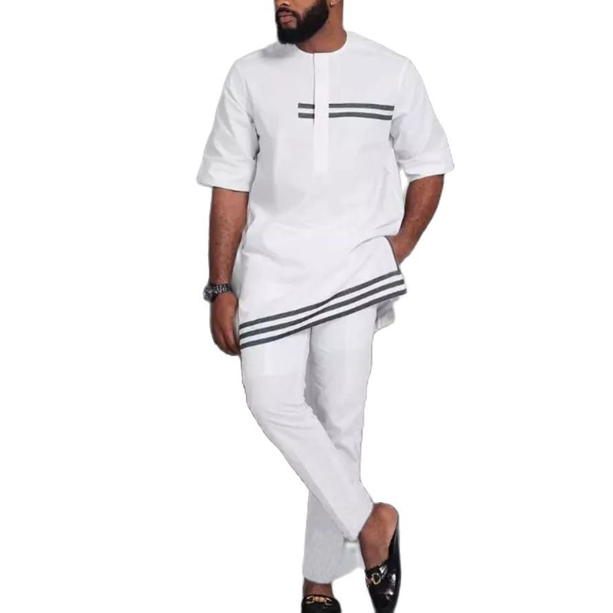 Dashiki African Summer Men Set 2 piece outfit White Fashion African Men Traditional Outfit Short Sleeve Shirt Trousers Suits - Bekro's ART