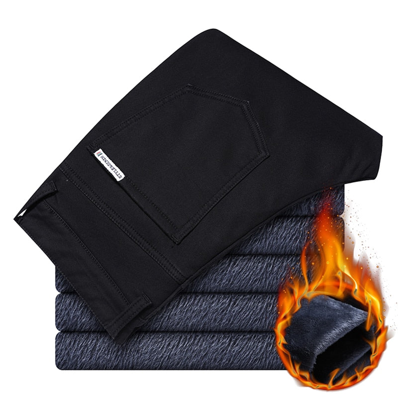 Winter New Men's Warm Thick Casual Pants Business Fashion Black Blue Stretch Fleece Office Slim Trousers Male Brand - Bekro's ART