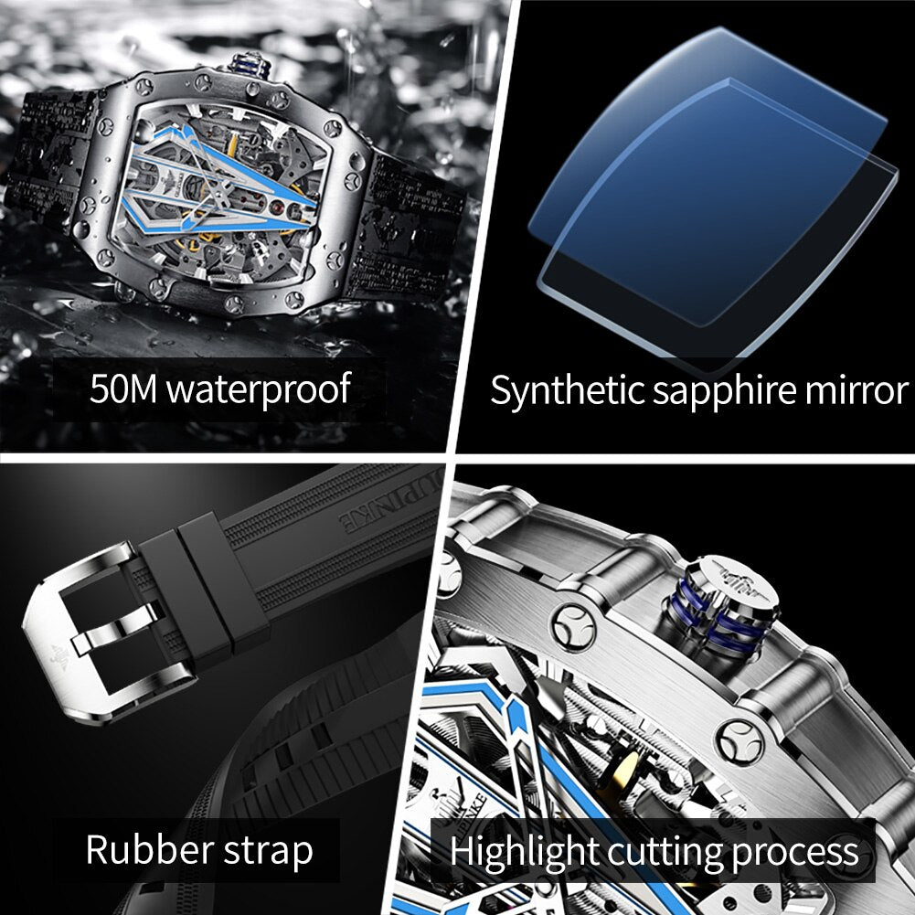 OUPINKE Original Tonneau Automatic Men's Luxury Watch Mechanical Sapphire Crystal Waterproof Sport Silicone Strap Wristwatches - Bekro's ART